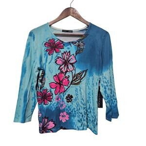 Pierre New York Knit Top Women's Size L NWT Sequins Blue Casual Artsy Boho